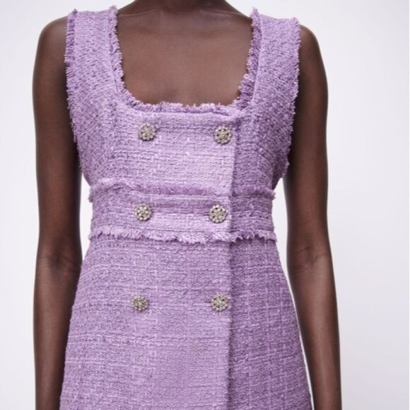 Zara Purple Tweed Square Neck Crystal Button Double Breasted Dress - Picture 5 of 12